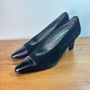 VTG Norma Carini Womens 7.5 Made in Italy Black Suede Quiet Luxury Cap Toe Heels